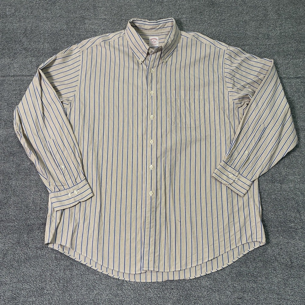 Brooks Brothers Original Polo Shirt Mens XL Blue Tan Striped Cotton Button Down